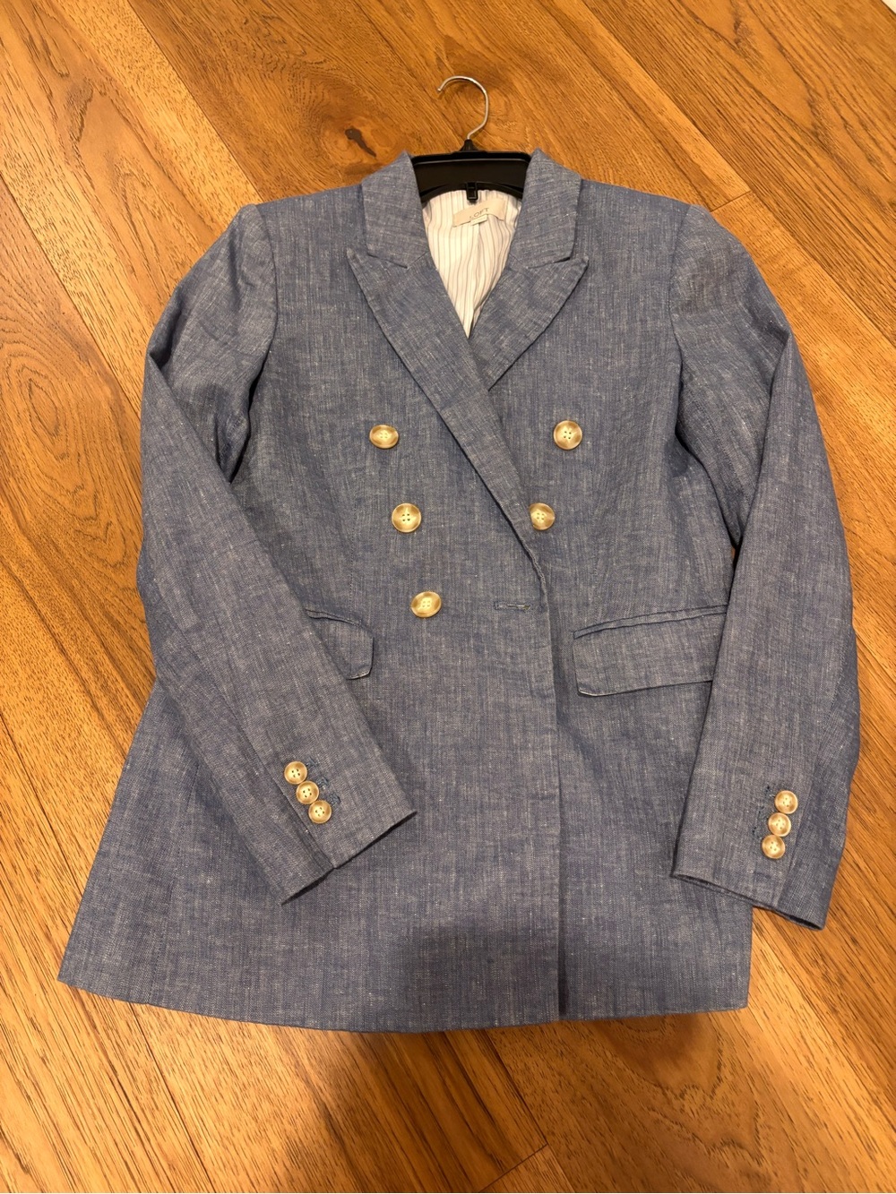 LOFT Blue Double-Breasted Linen-Blend Blazer with Gold Buttons